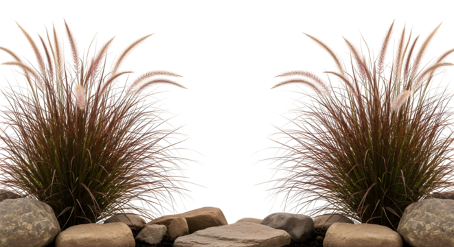 Two symmetrical clumps of reddish-brown fountain grass with feathery seed heads, emerging from a cluster of smooth brown rocks, isolated on transparent background.