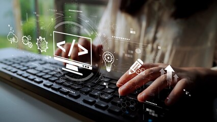 Modern web development concept featuring coding symbols, web development process, web development...