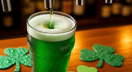 St. Patricks Day Green Beer Pour with Shamrocks.