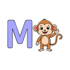Letter M with Cute Monkey Cartoon Vector