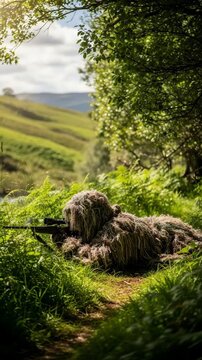 Hunter in ghillie suit aiming rifle from concealed position in forest for a hunting season activity footage. Vertical video