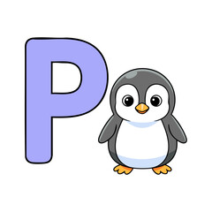 Letter P with Cute Penguin Cartoon Vector