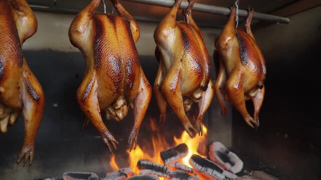 Row of roasted whole ducks hanging in kitchen above glowing embers, showcasing rich texture, firelight, and culinary tradition.