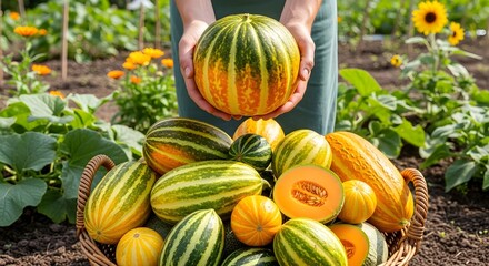 Hands holding a striped melon above a basket filled with fresh, ripe striped melons, both whole and halved, set outdoors in a sunlit garden, highlighting organic harvest and healthy summer produce.

