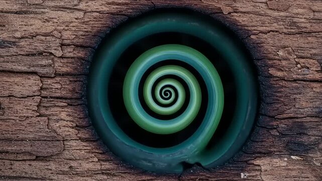 Abstract hypnotic pattern featuring circular spirals set against a rustic wooden background