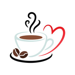  Cute Steaming Coffee Cup Icon with Heart Shape Handle – Hot Beverage Logo and Cafe Symbol Illustration
