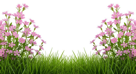 Symmetrical tall pink flowers arching over a border of green grass, isolated on transparent background.