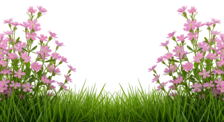 Symmetrical tall pink flowers arching over a border of green grass, isolated on transparent background.