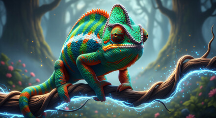 Mystical Chameleon On Glowing Branch Cinematic Magical Lighting JPG