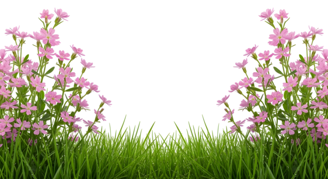 Symmetrical tall pink flowers arching over a border of green grass, isolated on transparent background.