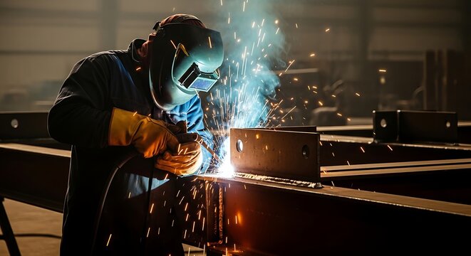 Welder at work with protective gear and bright sparks.