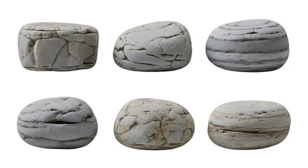 Collection of six different round, light gray sedimentary rocks, isolated on transparent background.