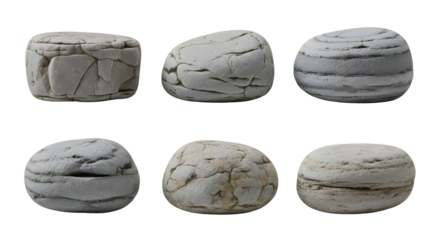 Collection of six different round, light gray sedimentary rocks, isolated on transparent background.