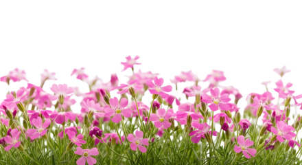 Horizontal border of small, bright pink flowers with green foliage, isolated on transparent background.