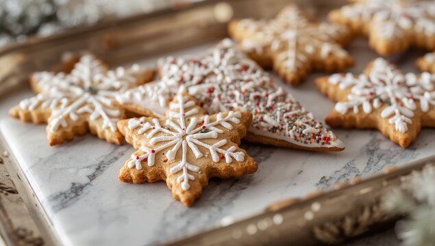 Festive snowflake sugar cookies with white icing and colorful sprinkles arranged beautifully on a marble surface