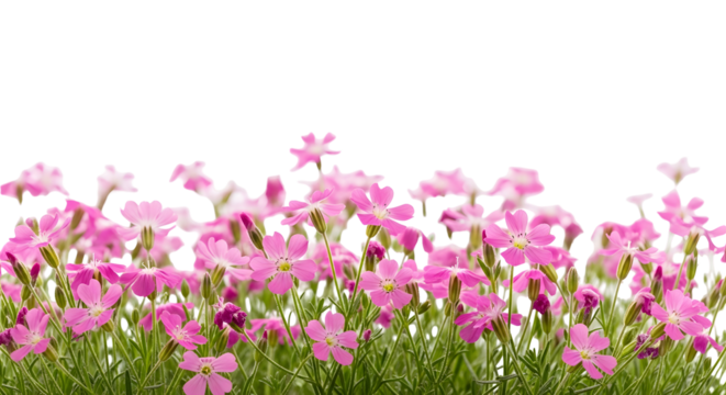 Horizontal border of small, bright pink flowers with green foliage, isolated on transparent background.