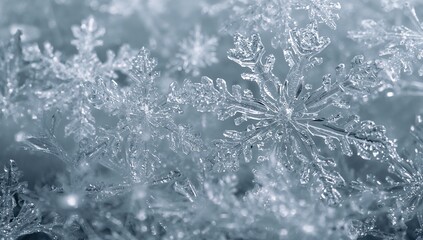 Stunning macro view of intricate ice crystals and snowflakes glistening beautifully with delicate frozen patterns in winter's embrace