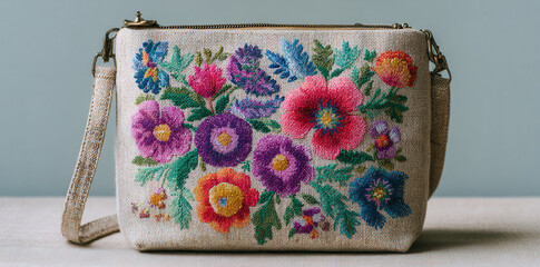 Colorful floral embroidered purse displayed on a light background showcasing intricate craftsmanship and design details
