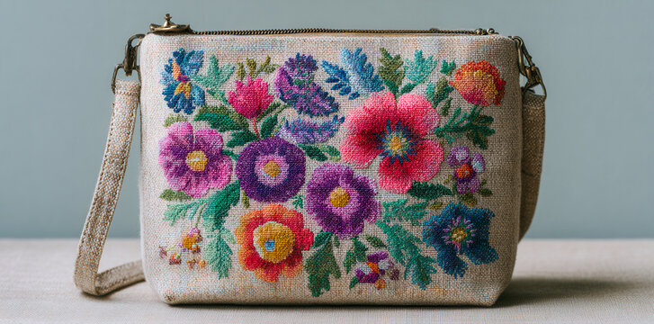 Colorful floral embroidered purse displayed on a light background showcasing intricate craftsmanship and design details