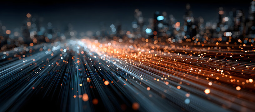 Experience the digital expressway of fiber optic data transfer with vibrant light trails representing fast and seamless information flow. The futuristic design highlights connectivity and high-speed n