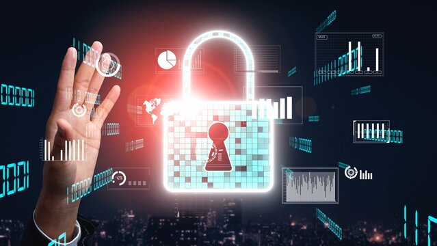 Engaging image depicting the concept of cyber security featuring a glowing padlock and a hand navigating interactive holographic data in a business environment. Xenic