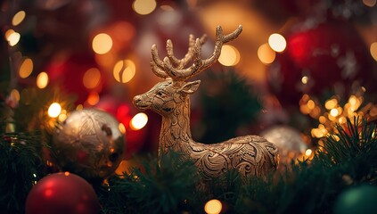 Elegant golden reindeer ornament glows amidst festive Christmas tree lights and bokeh, evoking holiday magic and warmth.