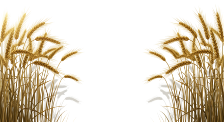 Symmetrical arrangement of stylized golden wheat or grain stalks on a border, isolated on transparent background.