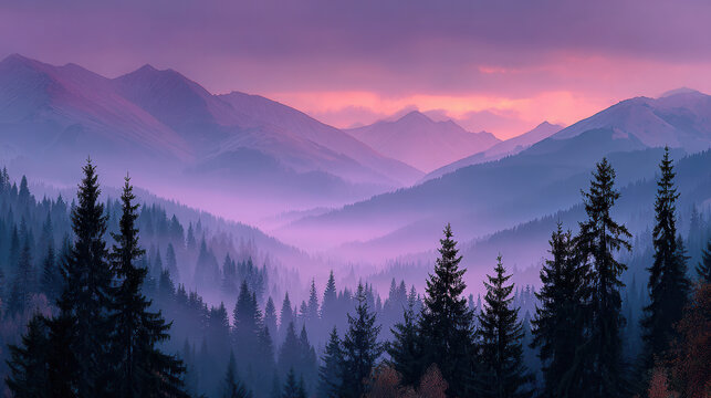 Morning mist envelops mountain ranges as soft light breaks through the clouds over a serene forest landscape