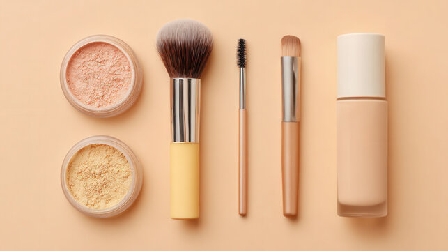 Makeup tools and products arranged neatly on a soft peach background for a beauty routine or makeup application preparation - Powered by Adobe