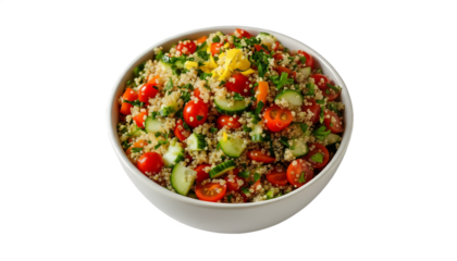 Healthy quinoa salad bowl with cherry tomatoes and cucumber isolated background