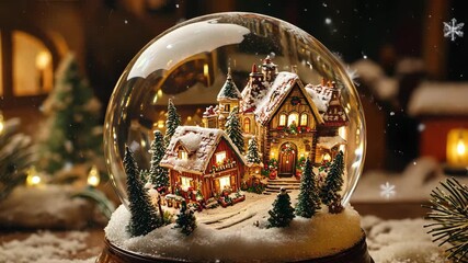 Magical snow globe with miniature village, glowing lights, surrounded by falling snow, isolated with cozy festive atmosphere, holiday warmth - Powered by Adobe