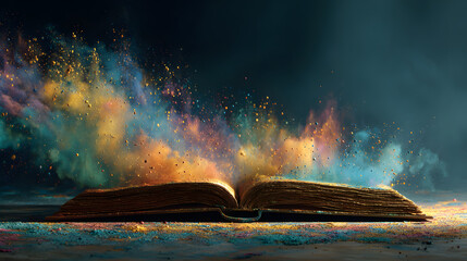 Naklejka premium Vibrant colors explode from an open book painting the scene with a spectrum of hues.