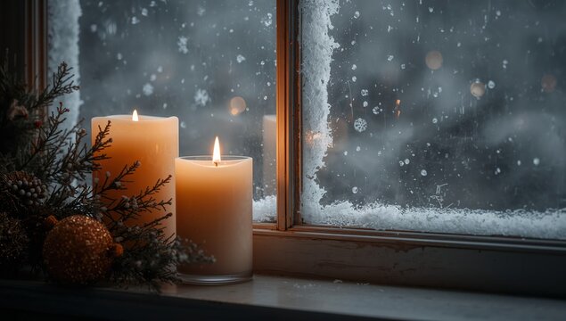 Cozy winter evening with warm candles and festive pine branches against a snowy frosted windowpane - Powered by Adobe