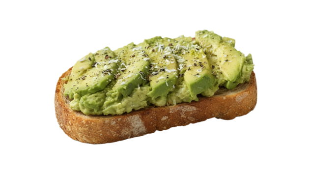Avocado toast with sliced avocado and seasoning isolated background