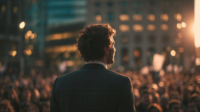 Crowd gathers to hear speaker during sunset at an outdoor event in a city