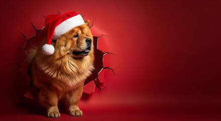 Festive Chow Chow Dog Bursting Through Red Paper in Santa Hat.