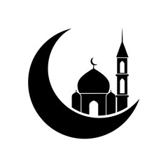 Silhouette of mosque in crescent moon on transparent background