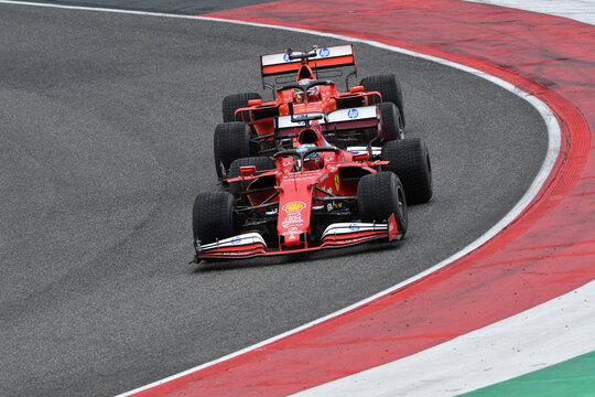 Scarperia; Italy - October 24th 2025: Ferrari SF1000 ex  Sebastian Vettel and Charles Leclerc in action during Ferrari World Finals 2025 at Mugello Circuit in Italy.