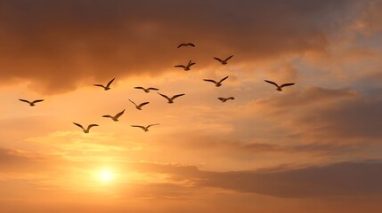 Fototapeta premium A flock of birds flies across a warm dramatic sunset sky with glowing clouds