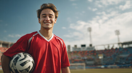 Young soccer player smiles confidently on stadium field during practice in the afternoon sun