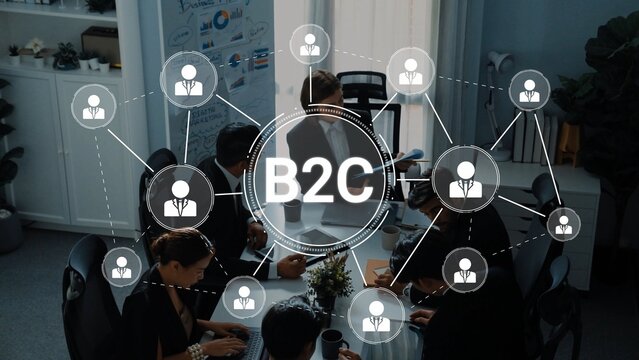 A dynamic office scene depicting business-to-consumer interactions through visual networking. Team members engage in strategic discussions, enhancing connections and productivity. Raster