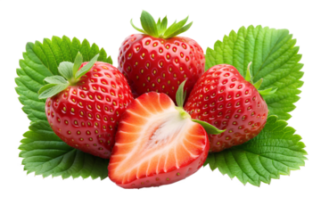  strawberries isolated on transparent white background full depth of field clipping path