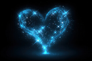 Obraz premium Bright blue heart shape glowing with sparkling stars against a black background represents love and emotion in a magical way