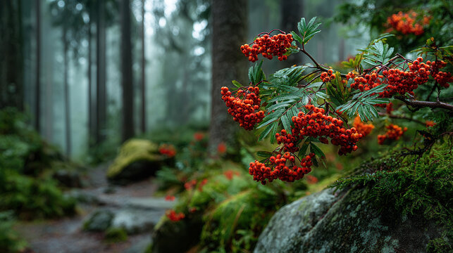 Beautiful red berries on branches in a misty forest surrounded by lush greenery