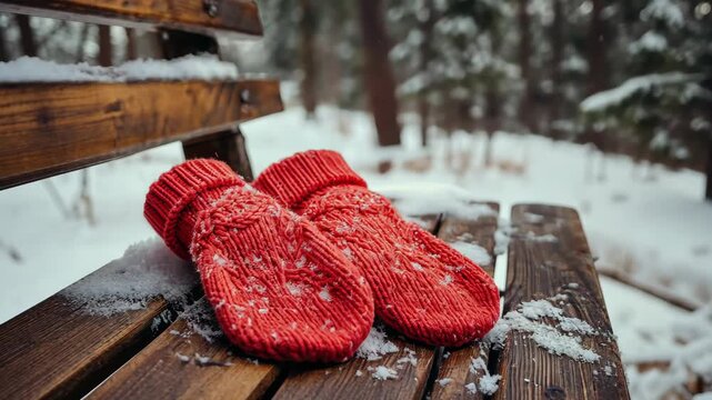 Red mittens resting on snowy bench in winter forest serenity