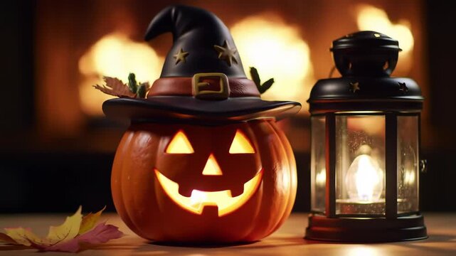 Lit Halloween pumpkin and lantern decor with fireplace background, for festive autumn design and celebration