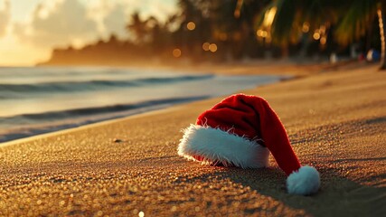 Santa hat on sandy beach, vibrant tropical background, glowing sunlight, playful holiday atmosphere, detailed textures, isolated warm colors, festive charm - Powered by Adobe