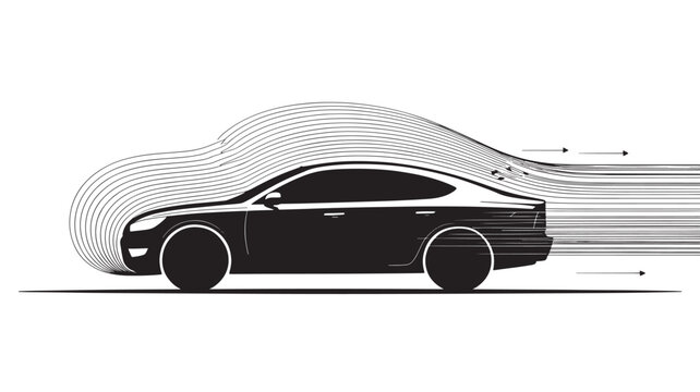 Car aerodynamics vector illustration black silhouette with air flow lines for automotive engineering and design