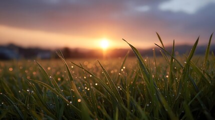 Golden sunrise illuminates dew kissed grass in a serene misty morning field creating a tranquil natural landscape