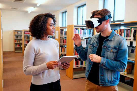 Young adult Caucasian man wearing virtual reality headset interacting with young adult Black woman holding digital tablet in library setting, both standing near bookshelves - Powered by Adobe